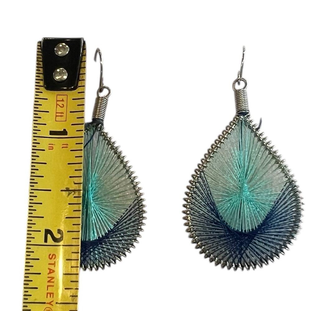 Boho Pierced Teardrop Thread Wrapped Dandle Earrings Blue Black Silver - Picture 4 of 5